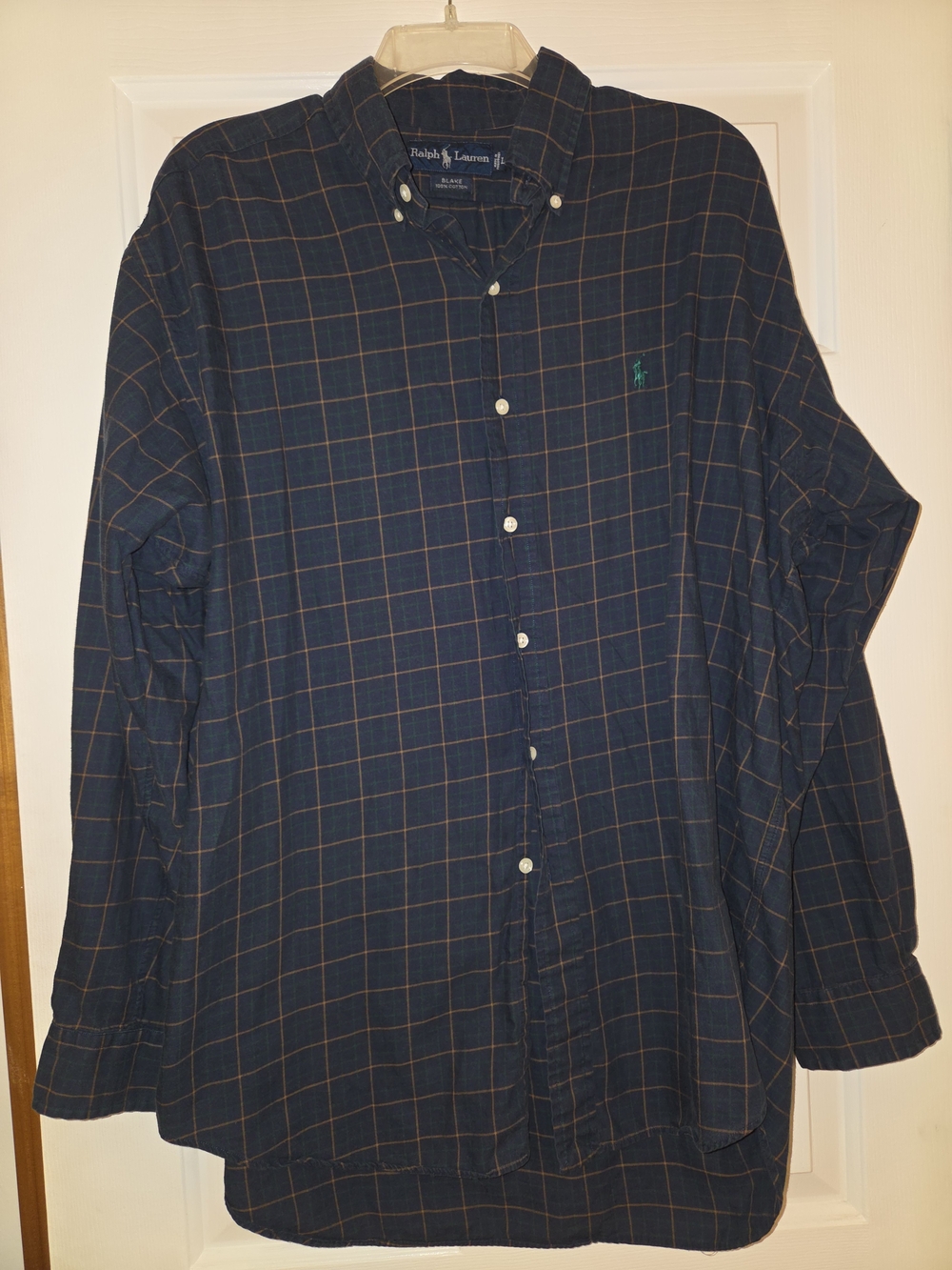 Ralph Lauren Navy Plaid Long-Sleeve Button-Down Shirt with Green Pony